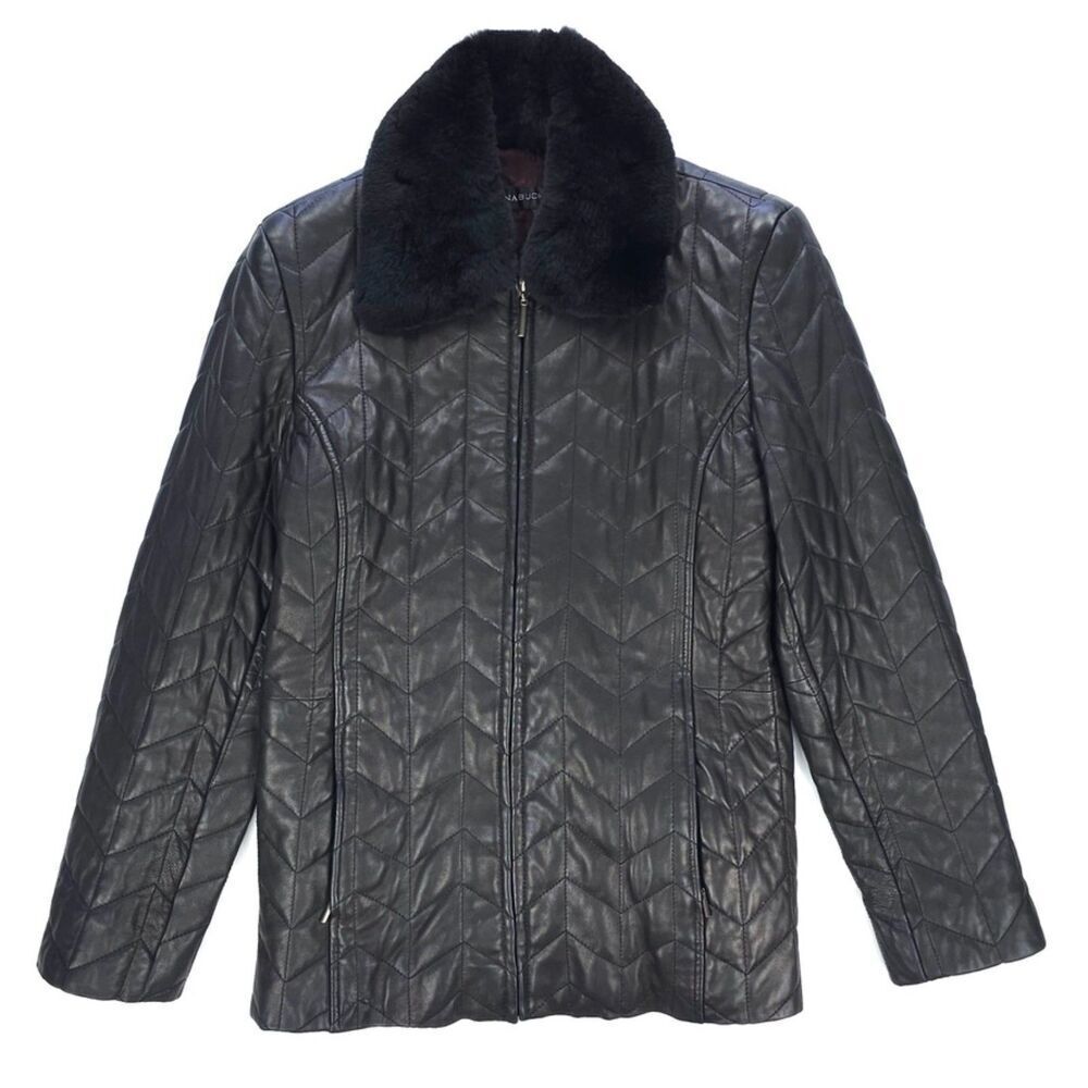 VINTAGE Fur Collar Quilted Leather Jacket 90s Y2k Minimal Boho Downtown Girl
